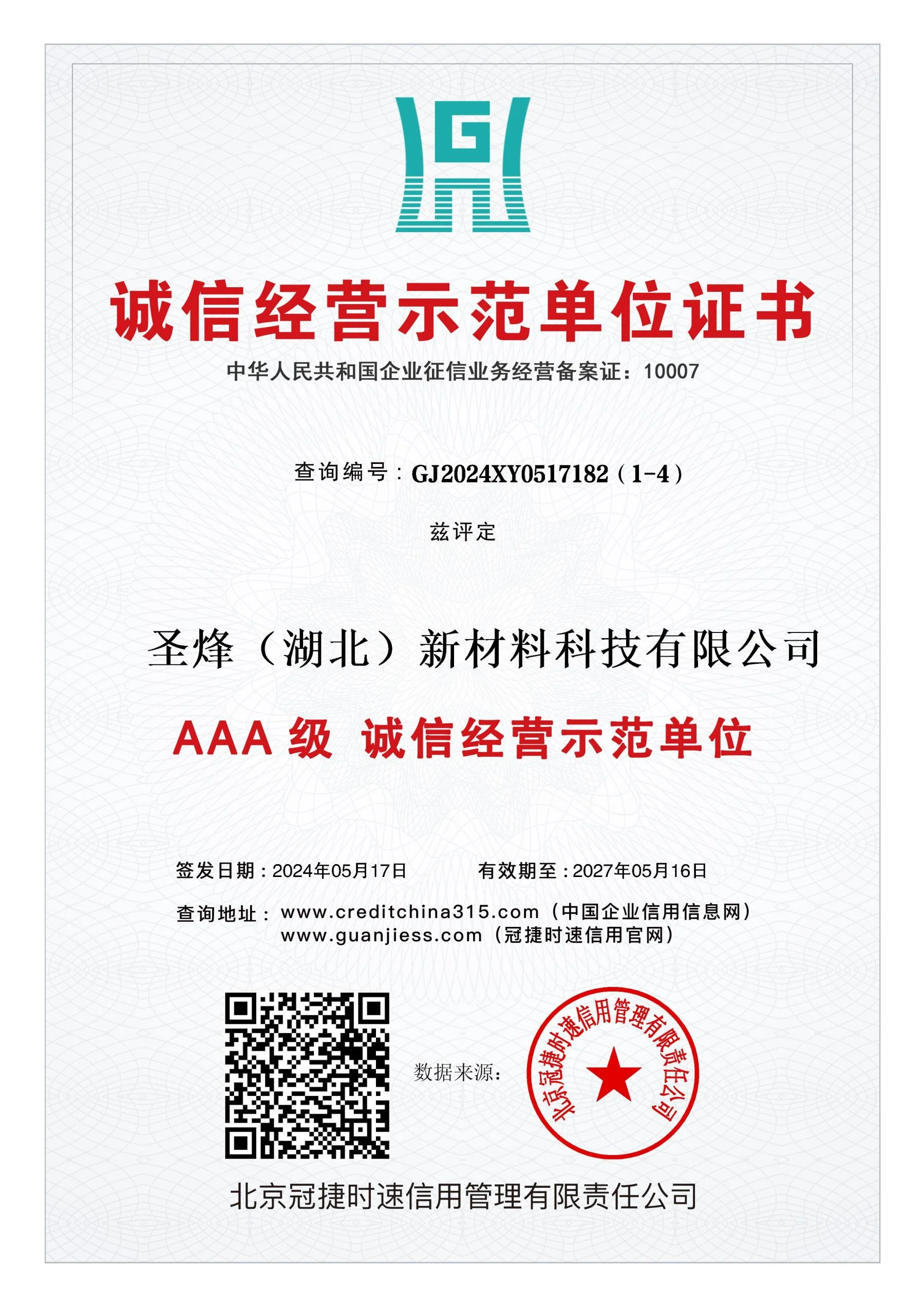 诚信经营示范单位证书